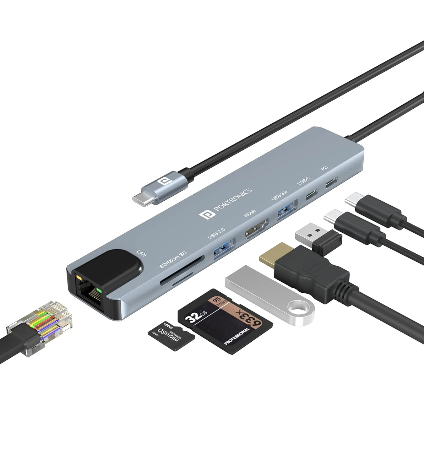 Portronics Mport 8 – 8-in-1 USB Type-C Multiport Hub with HDMI, Ethernet, PD Charging, USB 3.0, USB 2.0, SD & MicroSD Card Reader